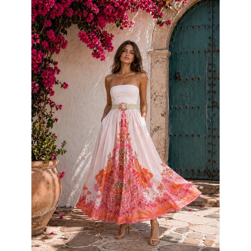Zimmermann Violet Strapless Pink Linen Maxi Dress Belted Pockets AU 1 US 6
